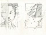 sketches of a woman ' s face and a man ' s face in a mirror