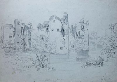 dessin représentant un château entouré d'un fossé