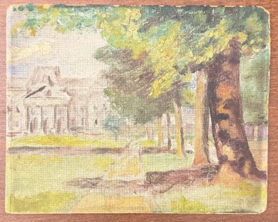 une image représentant un tableau d'un parc avec des arbres et un bâtiment en arrière-plan