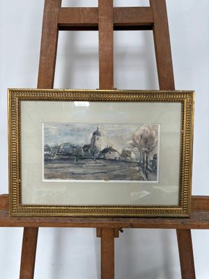 peinture sur chevalet représentant un paysage avec une église au loin