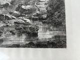 un dessin en noir et blanc représentant un ruisseau de montagne