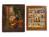 deux tableaux représentant un homme et une femme dans un lit, un tableau représentant un homme dans un lit et un tableau représentant une femme dans un lit