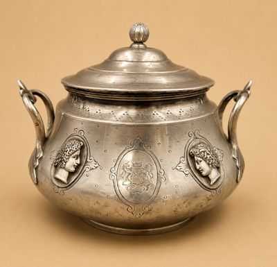 une théière ancienne en argent avec son couvercle, sur fond beige