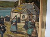 a painting of a group of people standing outside of a building