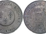 a close up of a coin on a white background
