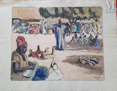 un tableau représentant un homme assis à une table devant un groupe de personnes