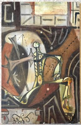 un tableau accroché au mur d'une pièce, représentant un vase et un vase