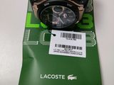brand new lacoste men ' s watch with black dial and brown leather strap