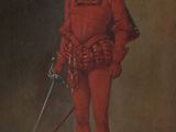 tableau représentant un homme vêtu d'un costume rouge et tenant une épée