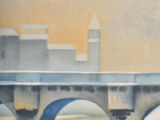 painting of a bridge over a body of water with a clock tower in the background