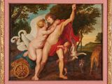 un tableau représentant deux nus dans un décor boisé, avec des cygnes