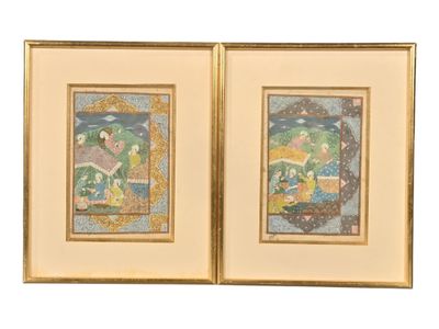 two framed paintings of a woman and a man in a landscape