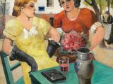tableau représentant deux femmes assises à une table devant un vase de fleurs