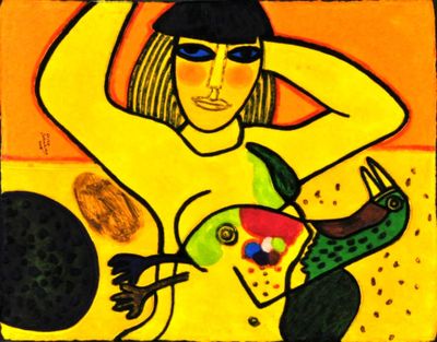 painting of a woman with a bird and a bird on her shoulder