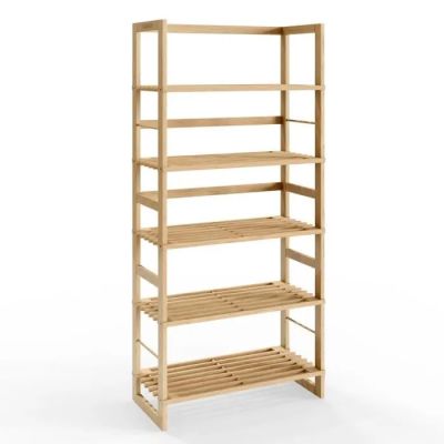 a close up of a wooden shelf with four shelves on it