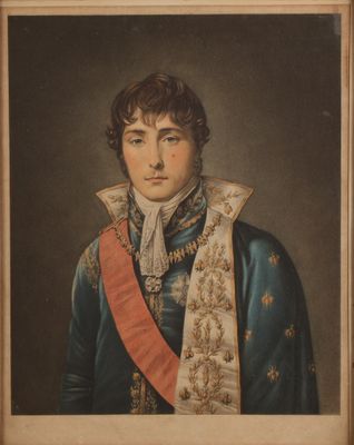 a painting of a man wearing a blue coat and a red sash