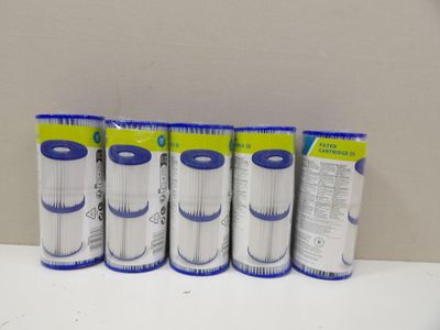 six blue and white filters are lined up on a white surface
