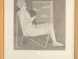drawing of a woman sitting in a chair holding a dog