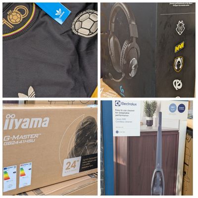 plusieurs photos différentes d'une boîte de casques audio et d'une pile de boîtes