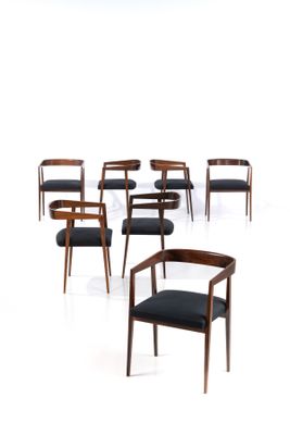 set of six dining chairs with black upholstered seats