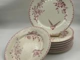 six assiettes roses et blanches ornées de motifs floraux
