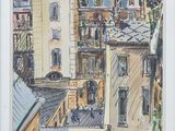 painting of a view of a city with buildings and a clock tower