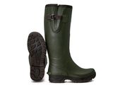 des bottes en caoutchouc vertes avec des boucles et des semelles en caoutchouc, sur fond blanc