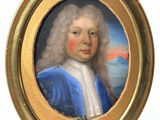 portrait d'un homme vêtu d'un manteau bleu et d'une chemise blanche, dans un cadre doré