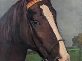 tableau représentant un cheval brun et blanc dans un champ, avec le ciel en arrière-plan