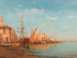 tableau représentant une scène de port avec des bateaux sur l'eau