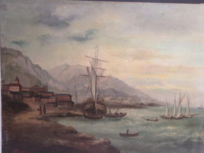 a painting on the wall of a building with boats in the water