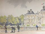 a watercolor painting of a building with a clock tower