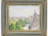 an image of a painting of a woman walking down a street