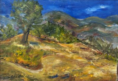 une peinture à l'huile représentant une colline surmontée d'un arbre