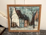 une peinture à l'huile représentant un cheval tirant un traîneau dans une rue enneigée