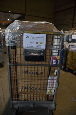 a cart that has a sign on it in a warehouse