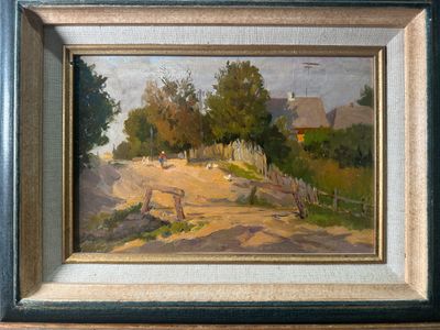 an oil painting of a dirt road with a house in the background