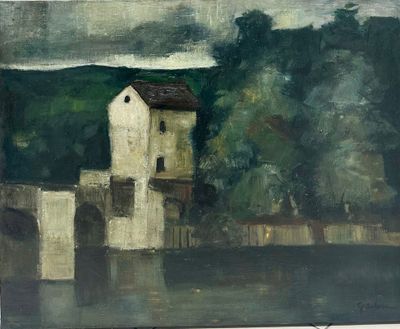 a painting of a white house on the water