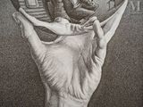 drawing of a hand holding a glass ball with a man sitting on top of it