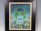 un tableau représentant le visage d'une femme avec des fleurs dans les cheveux