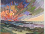 an oil painting of a sunset over a body of water