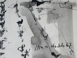 a black and white drawing of a man on a skateboard