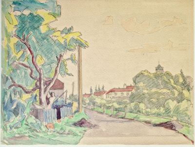 peinture représentant une route de campagne avec des maisons et des arbres au loin