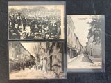 several old black and white photos of people walking down a street