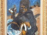 tableau représentant un homme avec un chien et un homme portant une cagoule noire