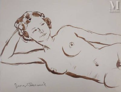 drawing of a nude woman laying on her stomach with her hands on her head