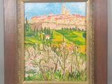 une peinture à l'huile représentant un paysage avec un village au loin