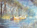 a painting of a boat on the water in the woods