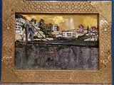 a picture of a painting of a bridge over a river