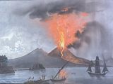 une photo d'un tableau représentant un volcan jaillissant de l'eau
